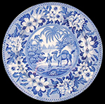Pearlware plate printed underglaze in blue in Dromedary pattern.  Partial mark, most likely John & Richard Riley (1802-1828), Burslem on reverse, as well as impressed “C”.  Continuous repeating floral border.  